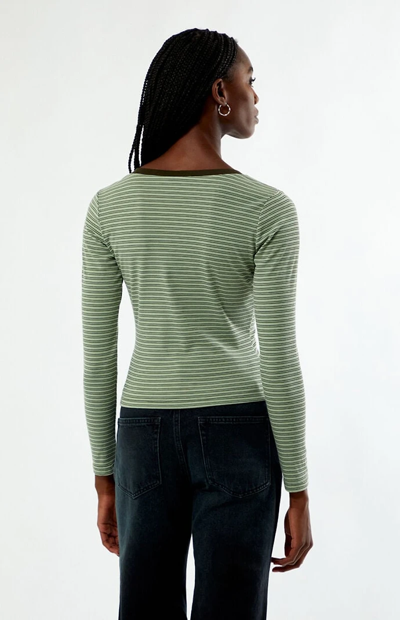 Your Favorite Poppy Striped V-Neck Button Up Long Sleeve Top