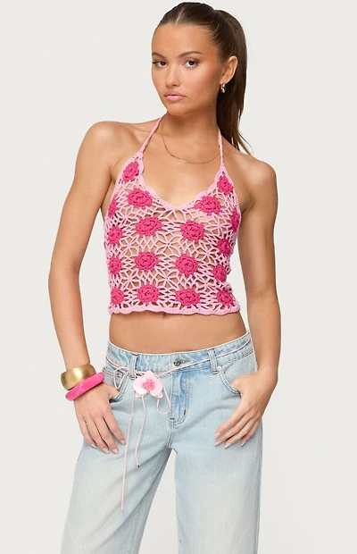 Edikted Contrast Floral Crochet Halter Top
