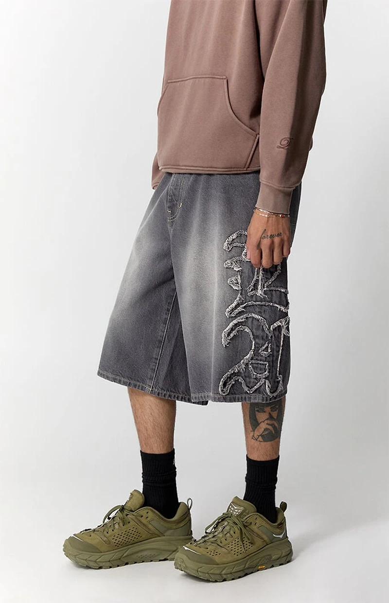 Pacsun Austin Extreme Baggy Jorts Frayed LA Applique Gray