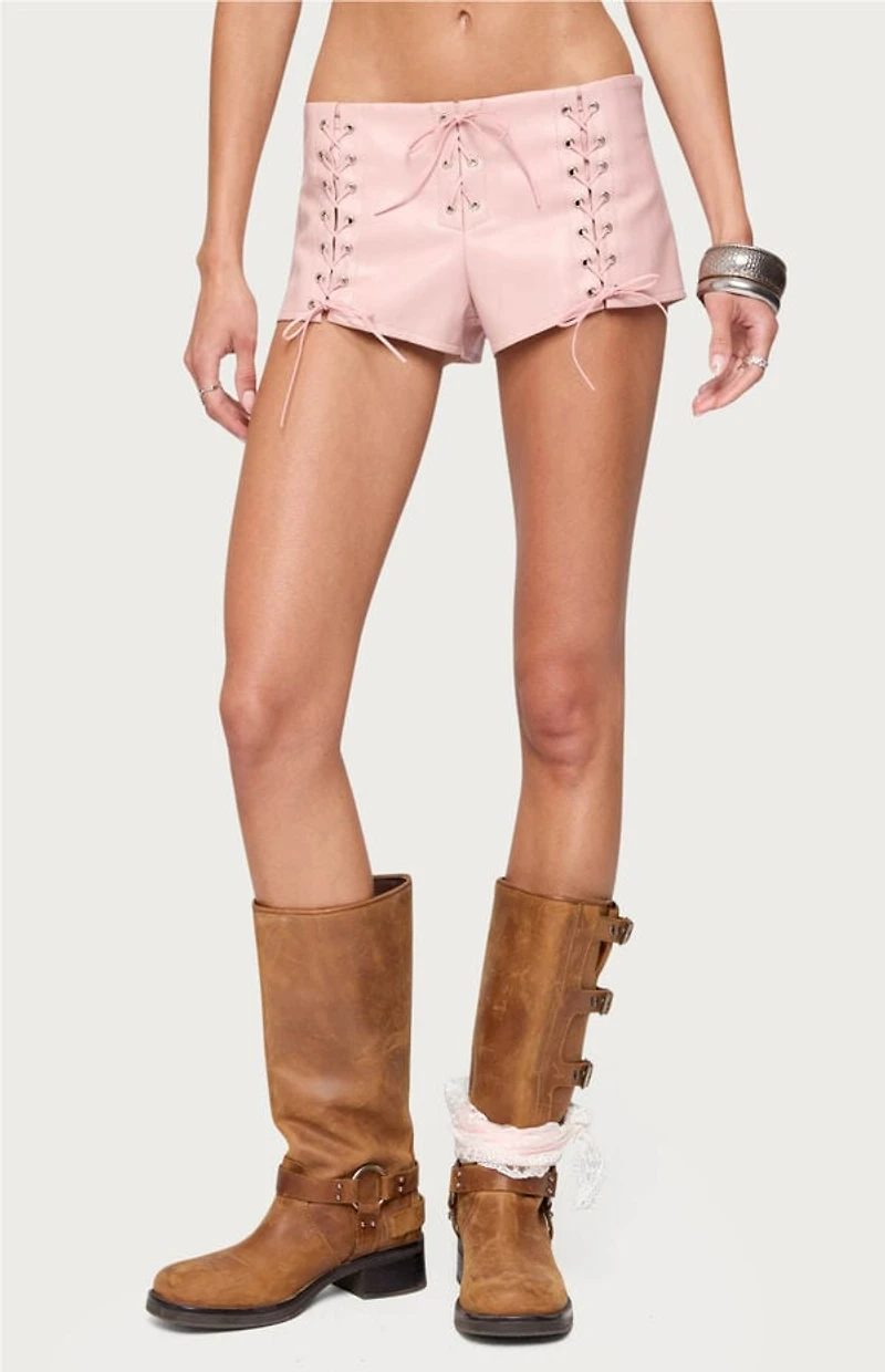 Edikted Elisha Lace Up Faux Leather Shorts