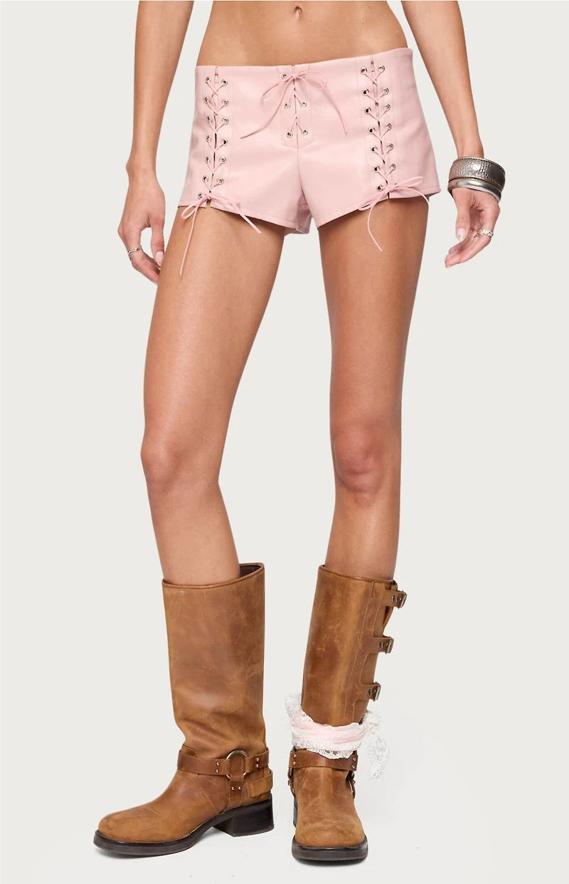 Edikted Elisha Lace Up Faux Leather Shorts