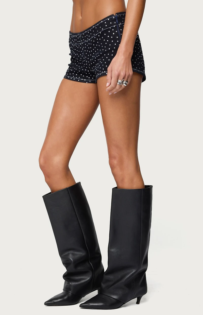 Edikted Moirah Rhinestone Denim Micro Shorts