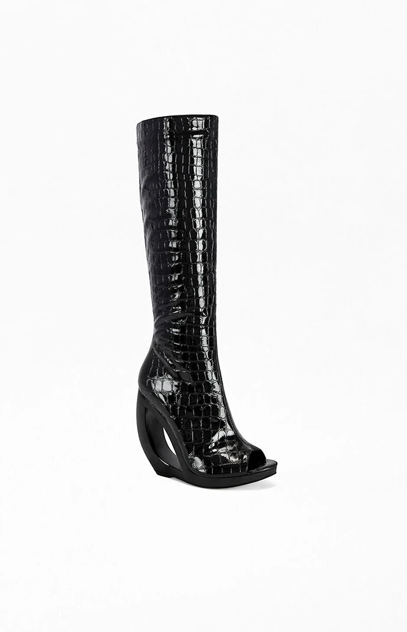 AZALEA WANG Women's Camilla Black Croc Wedge Boots