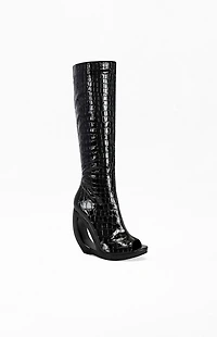 AZALEA WANG Women's Camilla Black Croc Wedge Boots
