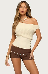 Edikted Buttoned Off Shoulder Crochet Top