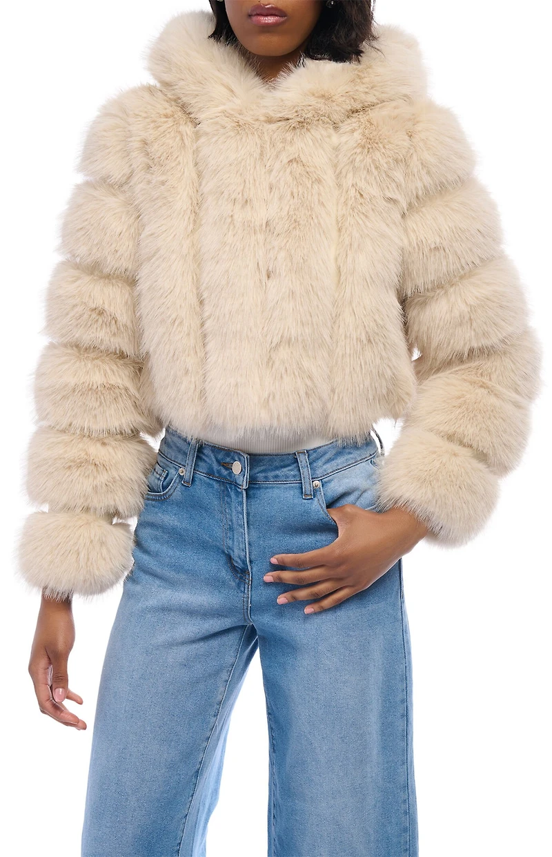 AZALEA WANG Jolene Tan Hooded Faux Fur Coat