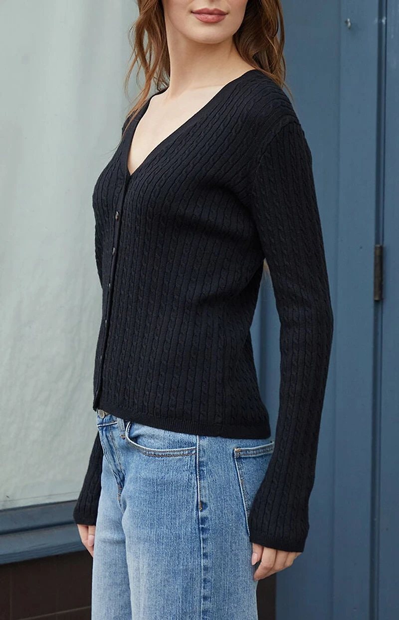 John Galt Black V-Neck Cable Knit Cardigan