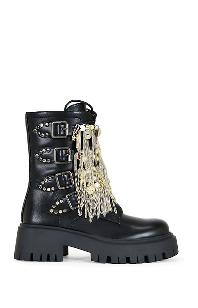 AZALEA WANG Megumi Black Chained Up Faux Leather Combat Boots