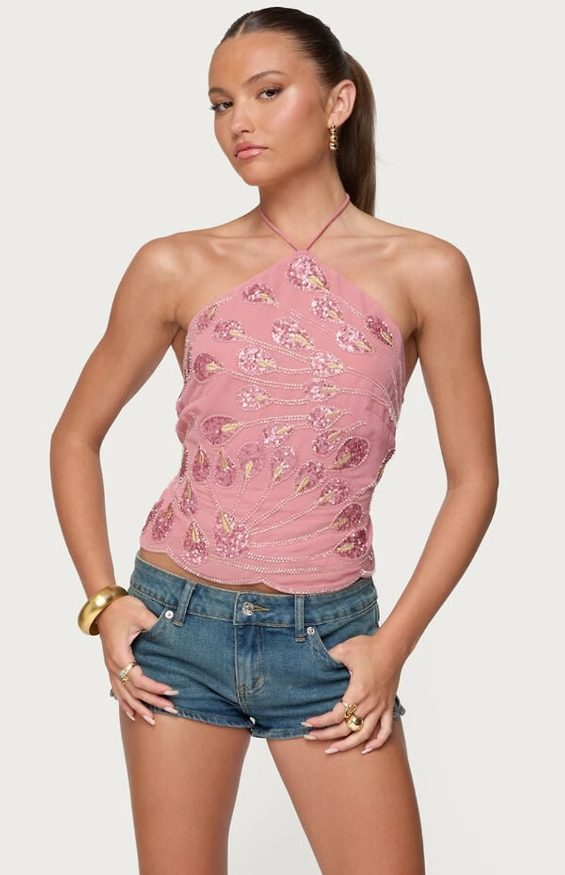 Edikted Embroidered Bead & Sequin Halter Top