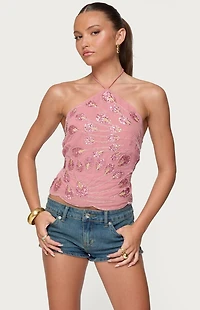 Edikted Embroidered Bead & Sequin Halter Top