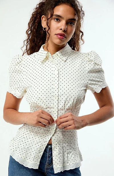 WEWOREWHAT Polka Dot Cinched Button Up Shirt