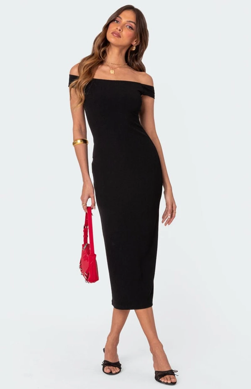 Edikted Kyla Off Shoulder Ribbed Midi Dress