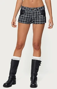 Edikted Carie Plaid Low Rise Denim Shorts