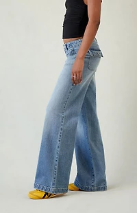 Pacsun Casey Low Rise Baggy Jeans Button Pocket Medium Blue