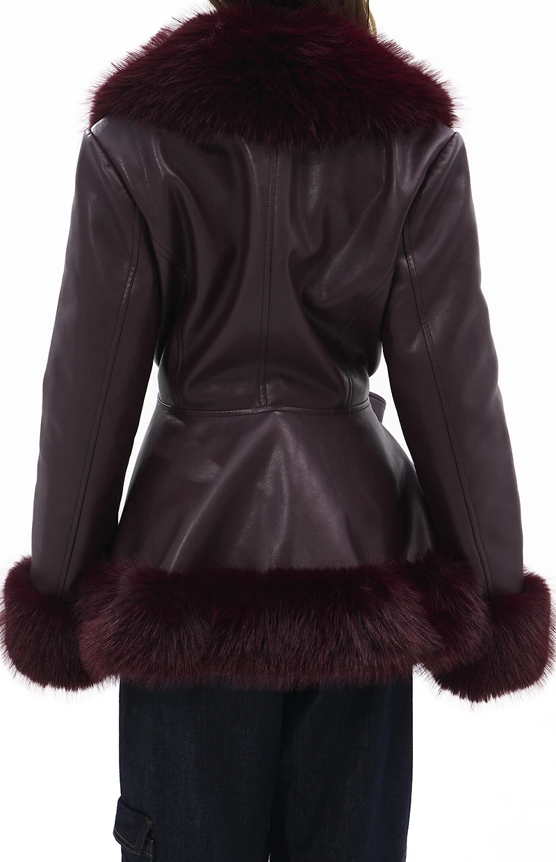 AZALEA WANG Kenzy Burgundy Faux Leather & Fur Belted Coat