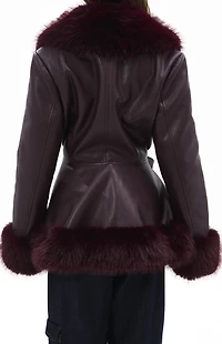 AZALEA WANG Kenzy Burgundy Faux Leather & Fur Belted Coat