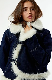 Daisy Street Iris Faux Fur Trim Denim Jacket