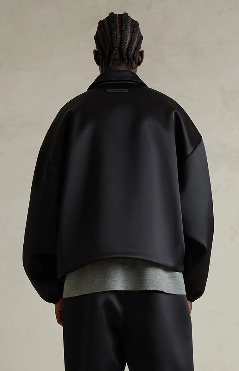 Fear of God ESSENTIALS Jet Black Bonded Satin Zip Up Bomber Jacket