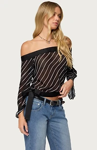 Edikted Diagonal Striped Off Shoulder Chiffon Top