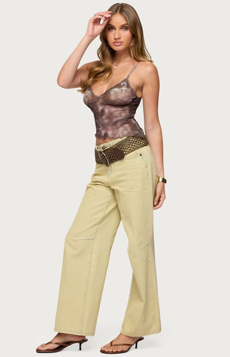 Edikted Embroidered Asymmetric Printed Mesh Top