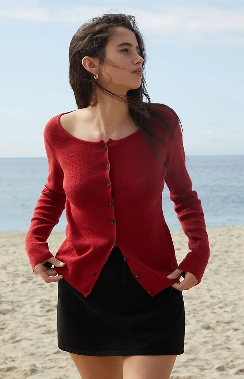 John Galt Red Athelia Pointelle Cardigan