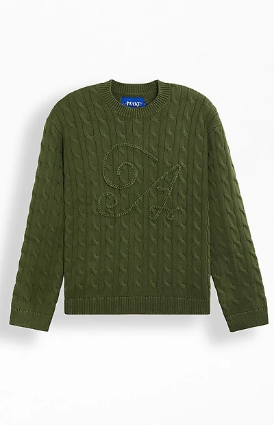 Awake NY Green Cable Knit Applique Crew Neck Sweater