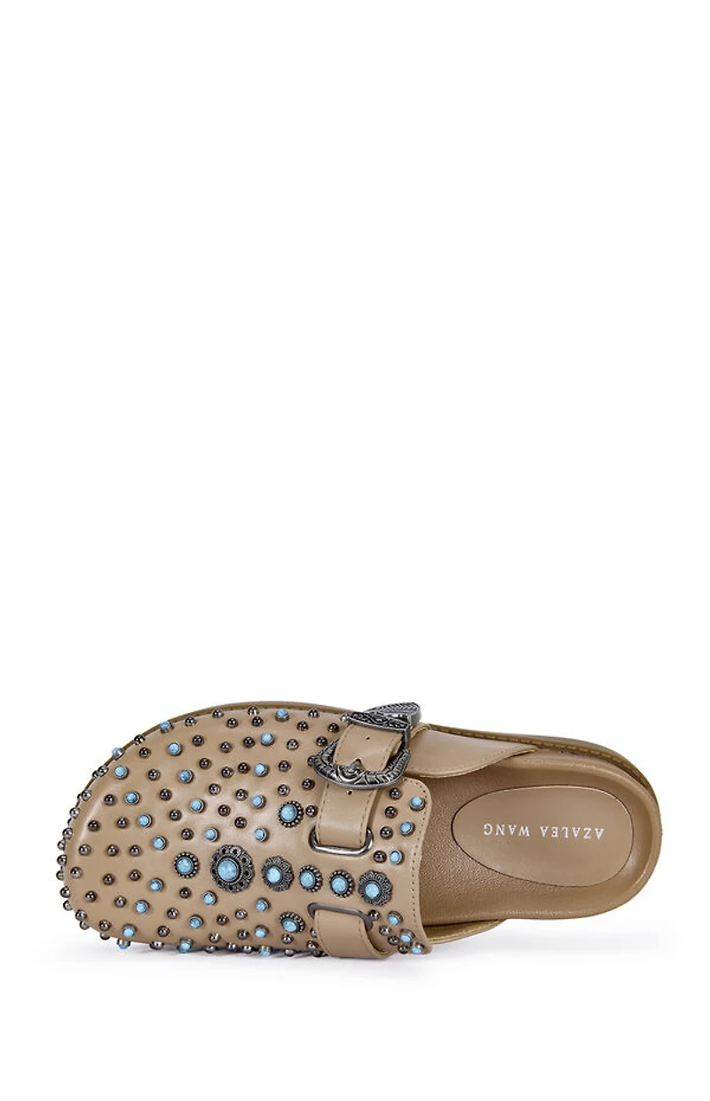 AZALEA WANG Women's Tan Flair Faux Leather Turquoise Mules