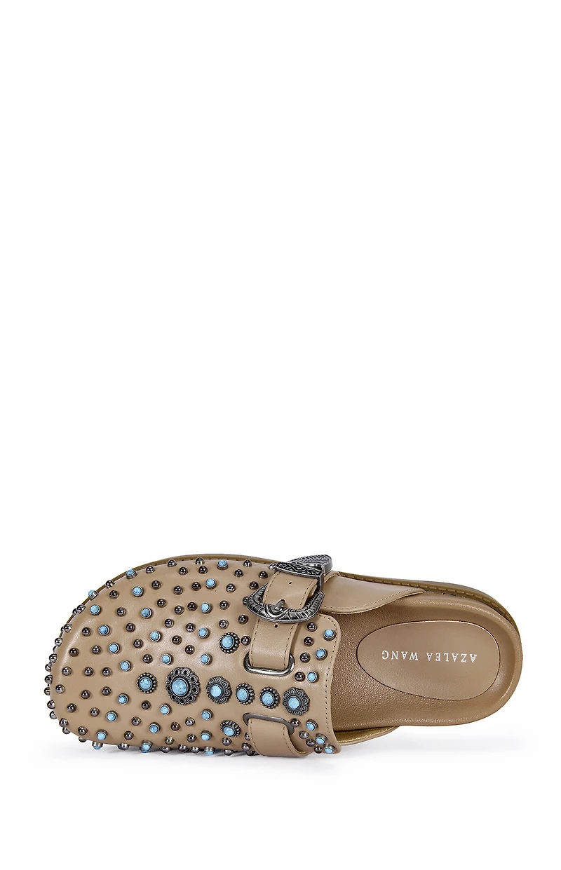 AZALEA WANG Women's Tan Flair Faux Leather Turquoise Mules