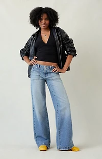 Pacsun Casey Low Rise Baggy Jeans Button Pocket Medium Blue