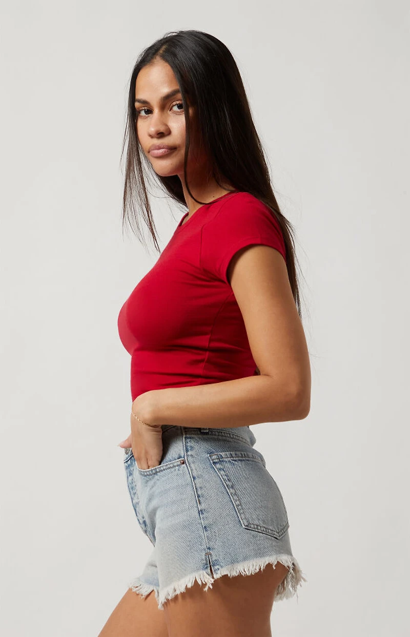 Pacsun Light Indigo Frayed Button Fly High Waisted Denim Festival Shorts