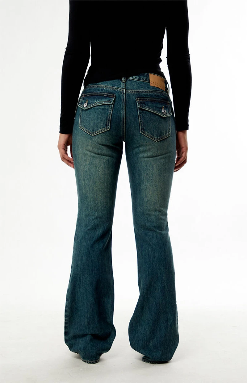 Pacsun Jade Low Rise Bootcut Jeans Button Pocket Dark Blue