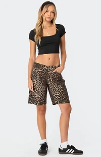 Edikted Leopard Low Rise Denim Bermuda Shorts