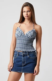 Beverly and Beck Plaid Smocked Halter Top