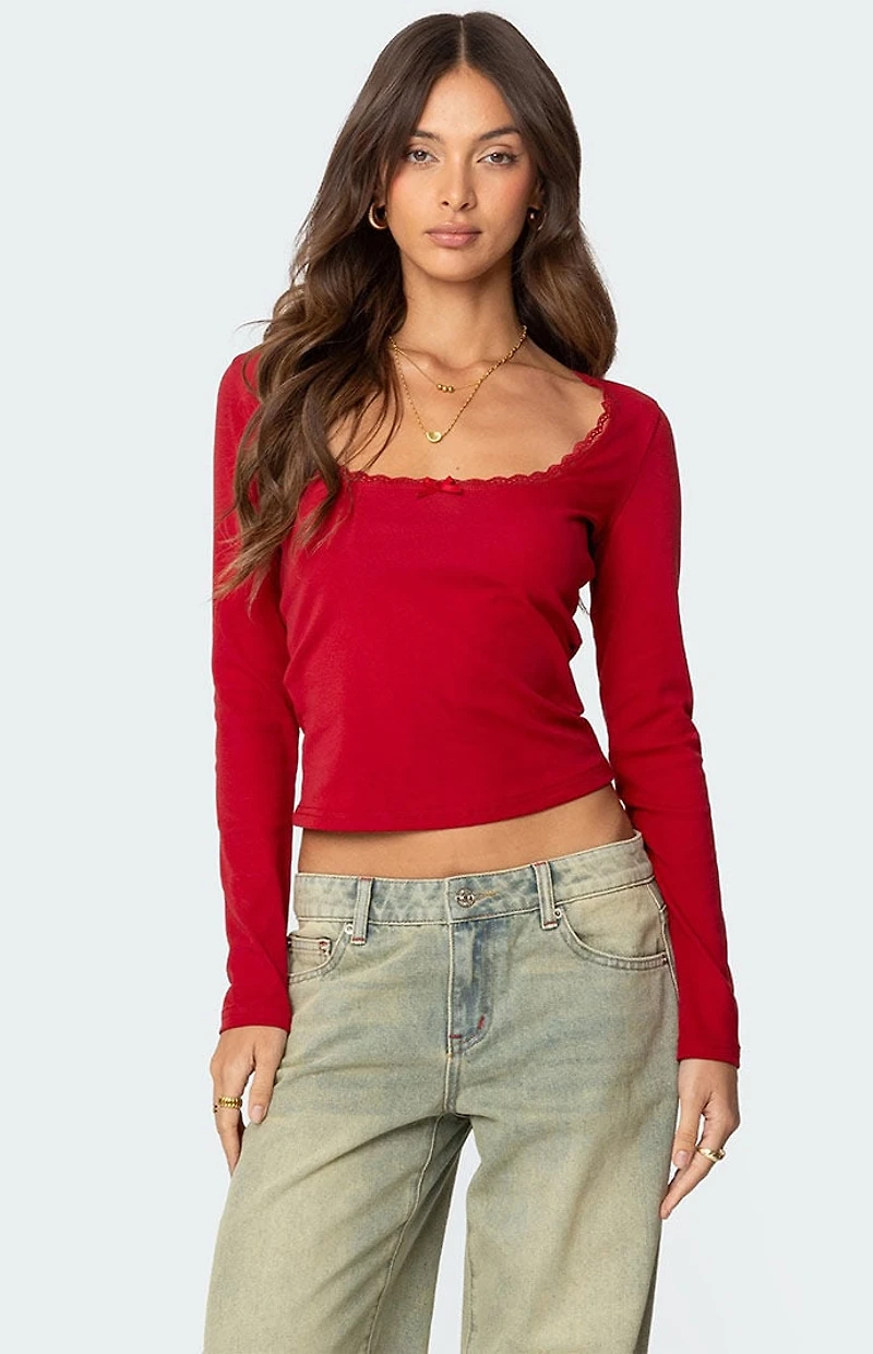 Edikted Mora Lace Trim Ribbed T-Shirt
