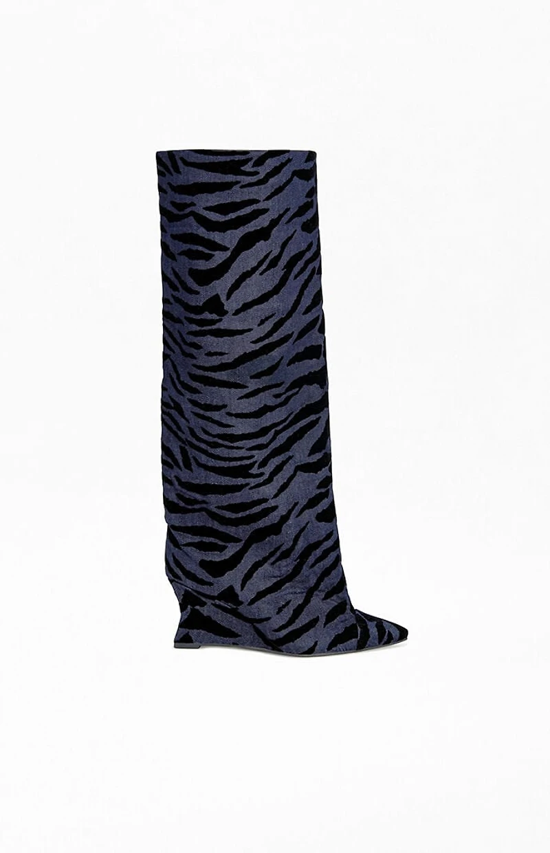 AZALEA WANG Women's Kenya Denim Tiger Wedge Boots