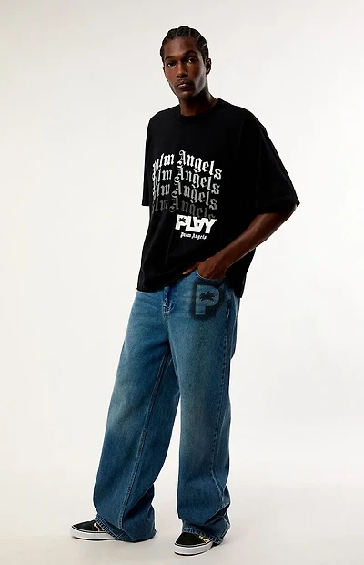 PLAY PALM ANGELS Medium Blue Graffiti Logo Baggy Wide Leg Jeans