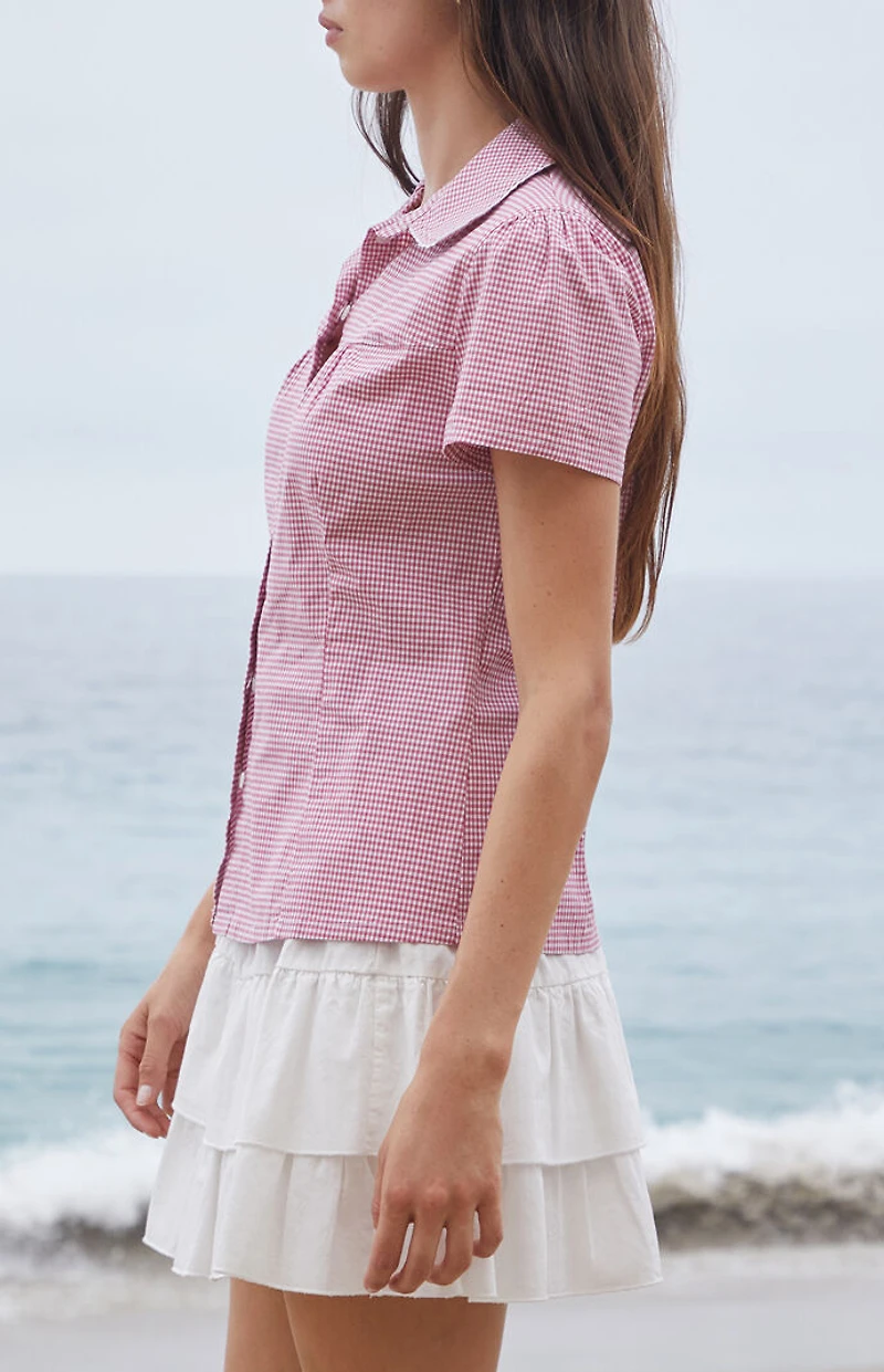 John Galt Red Gingham Teagan Collared Top
