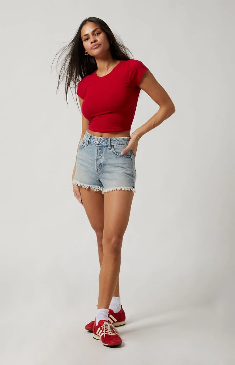 Pacsun Light Indigo Frayed Button Fly High Waisted Denim Festival Shorts