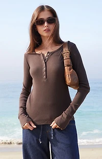 John Galt Brown Athern Snap Button Ribbed Long Sleeve Top