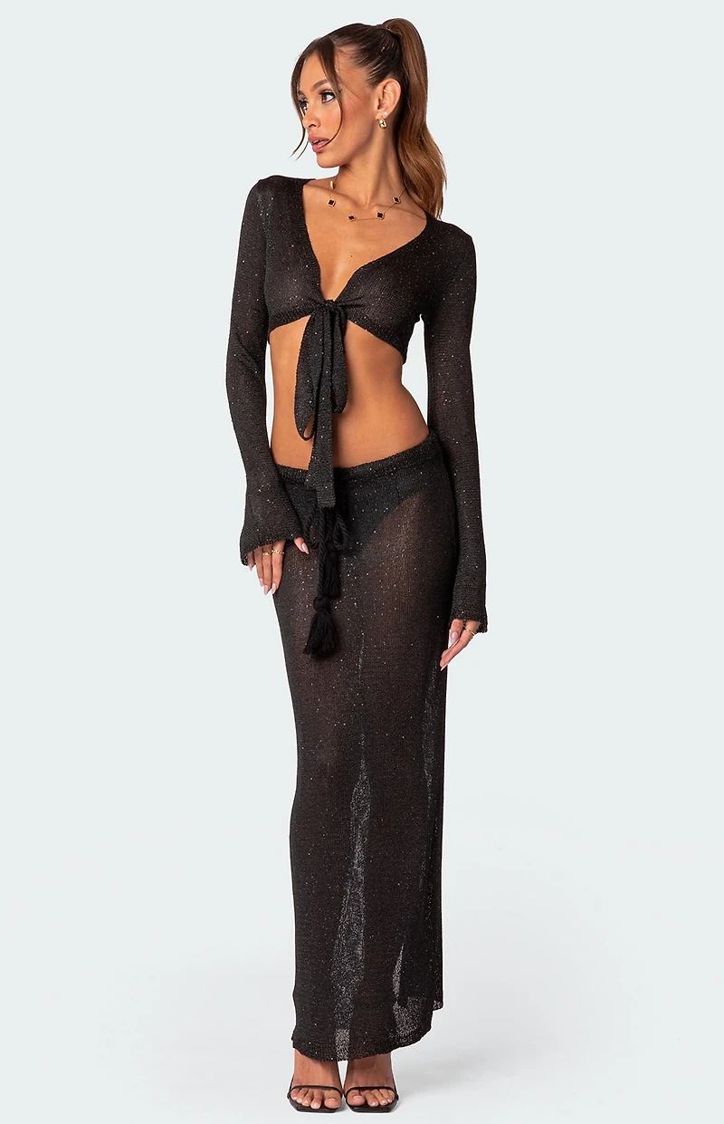 Edikted Micro Sequin Tie Front Knit Crop Top