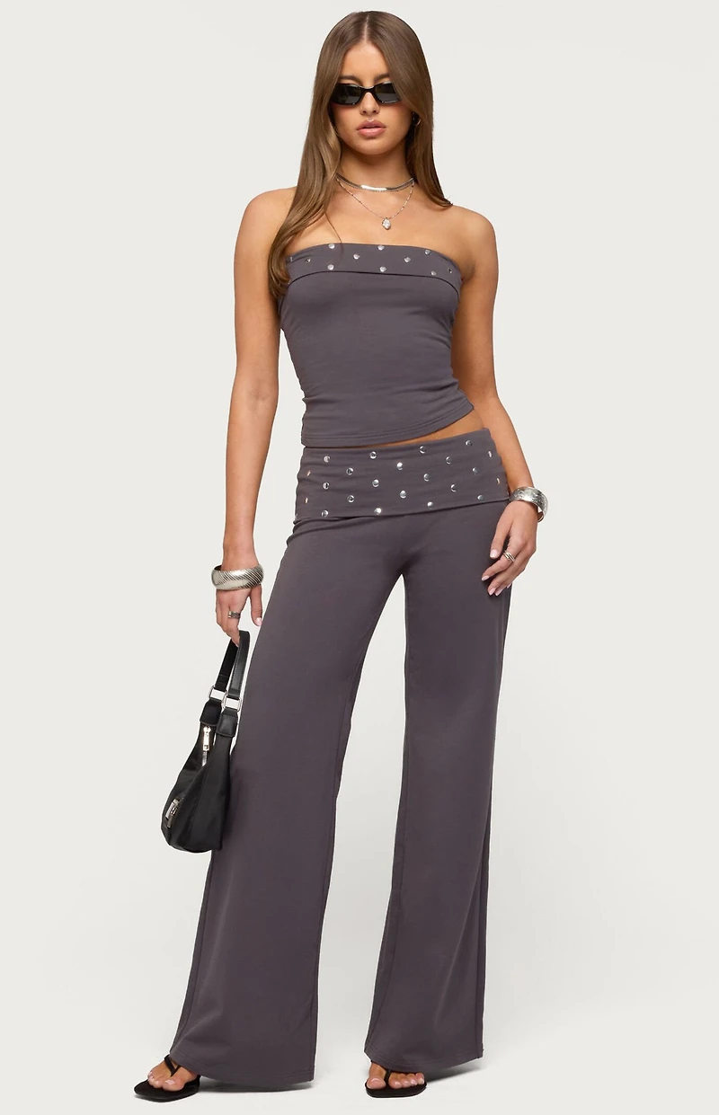 Edikted Breanna Studded Foldover Wide Leg Pants
