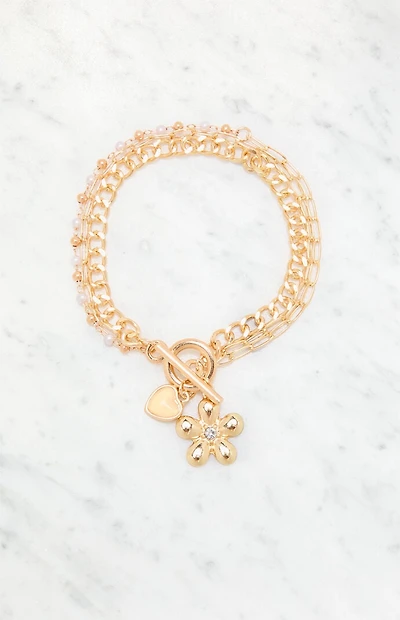 LA Hearts Flower Charm Chain Bracelet