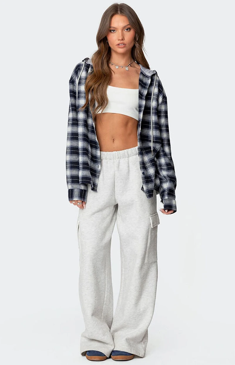 Edikted Plaid Hooded Button Up Shirt