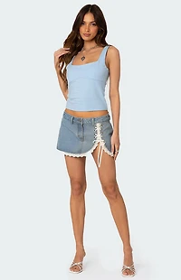 Edikted Eyelet Lace Up Denim Mini Skirt