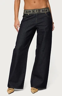 Edikted Carlie Embroidered Low Rise Wide Leg Jeans