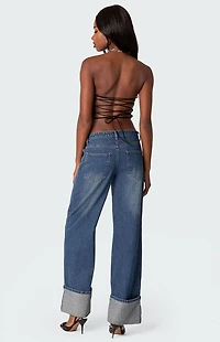 Edikted Hayley Lace Up Ruffle Tube Top