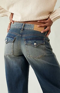 Pacsun Casey Low Rise Baggy Jeans Button Pocket Dark Blue Tinted