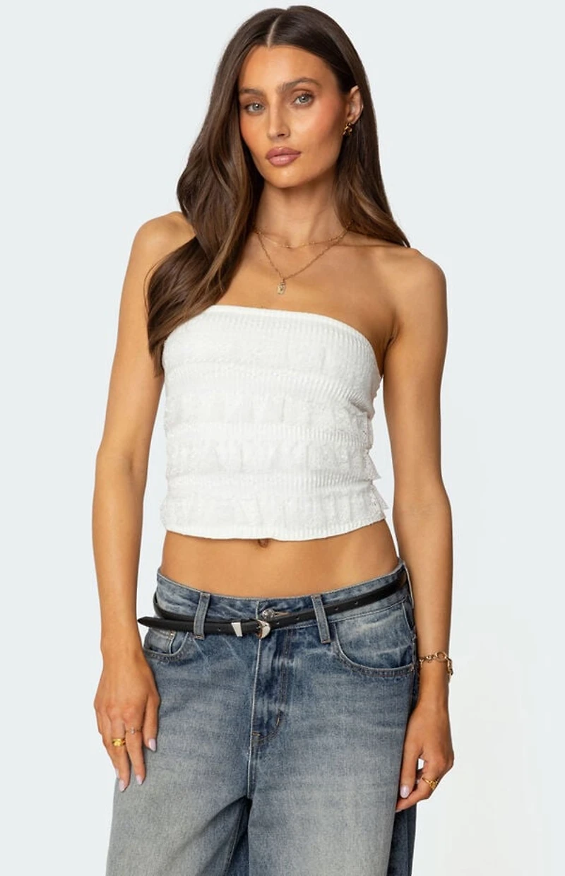 Edikted Georgette Lacey Ruffle Tube Top