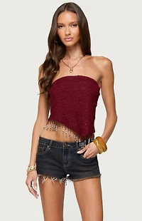 Edikted Textured Asymmetric Bead Fringe Strapless Top