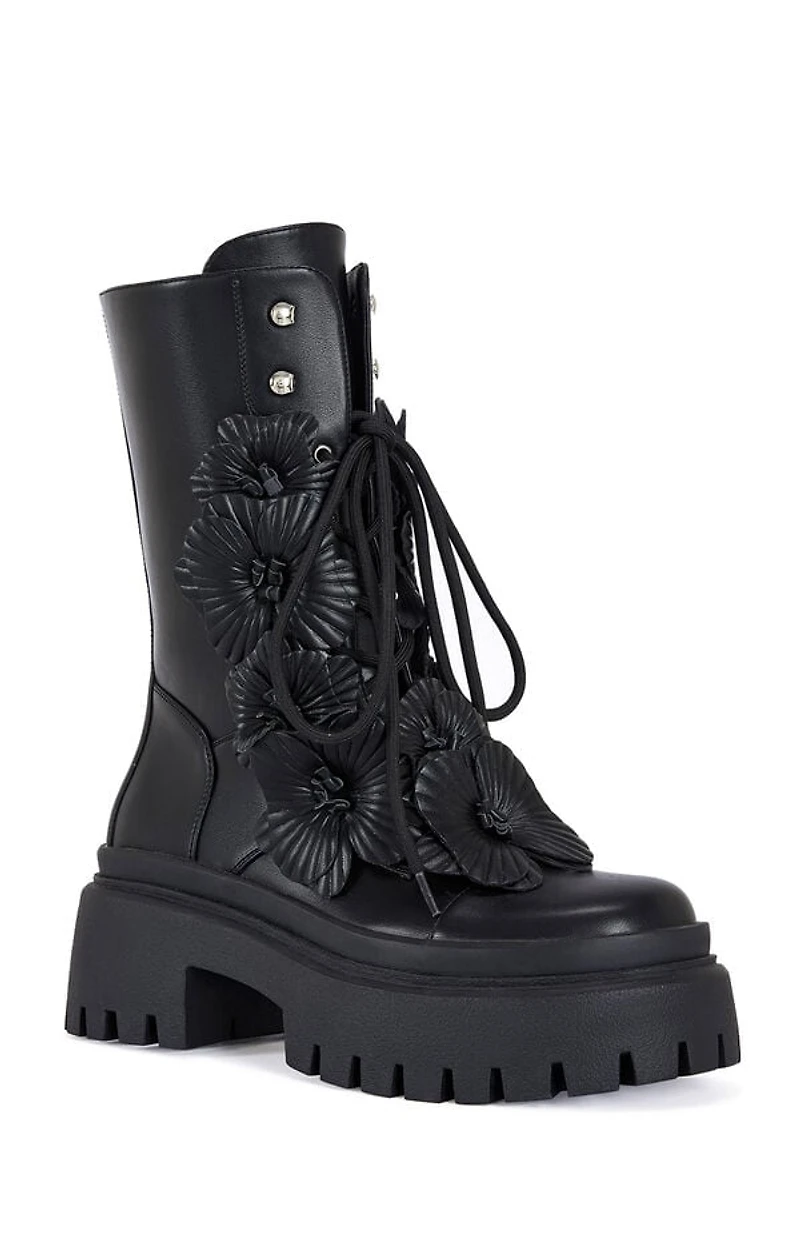 AZALEA WANG Women's Devoir Black 3D Flower Combat Boots